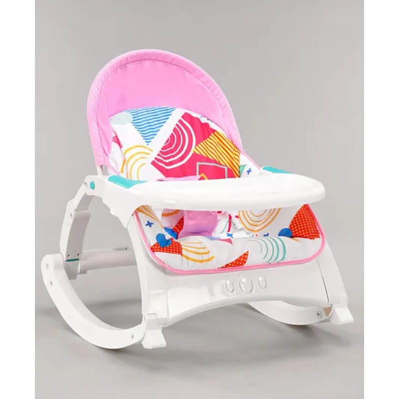 2 in 1 Portable Rocker Cum Reclining Chair with Removable Food Tray & Toys with Soothing Vibrations and Music – Pink & White