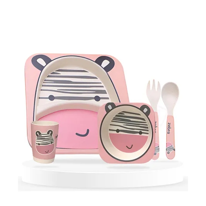 Bembika Baby Self Feeding Essential Baby Dinnerware Bamboo Fibre Dinner Set For Kids For Kids And Toddlers Cute Zebra Pack Of 5 -(Pink)
