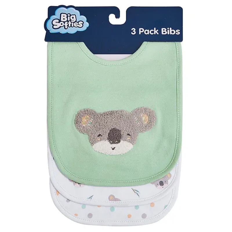 Big Softies Boucle Bibs Printed & Boucle Embroidery Adjustable Snap Fastener Pure Cotton Ultra Soft & Super Absorbent For Drooling, Teething & Feeding For Unisex 6-24 months Pack of 3-Koala