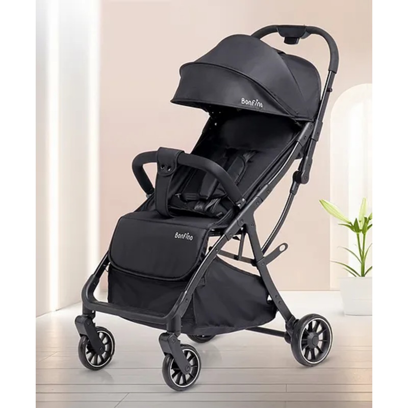 Bonfino Aero Lite Baby Cruiser Stroller, 5-Point Harness, Single Hand Fold, Swivel Wheels – Black| Reclining Backrest and Adjustable Foot Rest| Concealed Link Brake