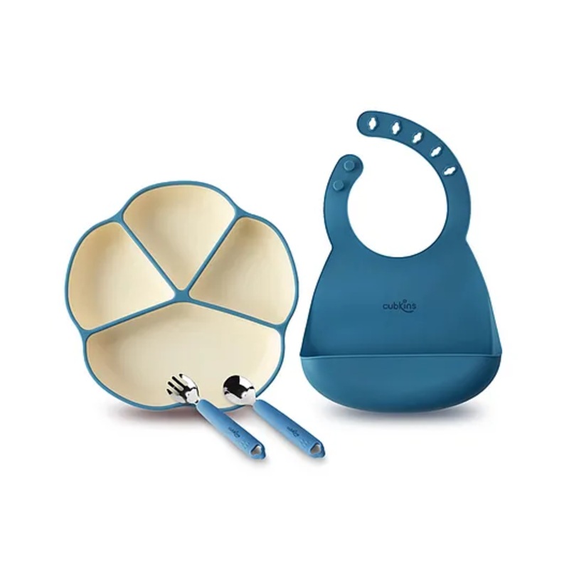 CUBKINS Set of 4 pcs – Plate, Bib, SS Spoon, SS Fork | Designed for Babies, Infants & Toddlers | BPA Free, Food Grade, FDA Approved | Easy to Clean (Blue Olive)