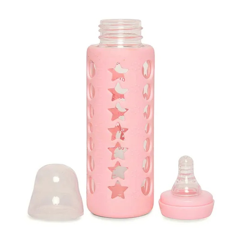 Fantasy India Premium Glass Baby Feeding Bottle Ultrasoft Nipple Pink – 240 ml