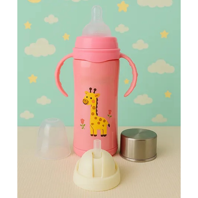 KIDS BASIC Baby 3 In 1 Stainless Steel Attractive Printed Multi-Functional Thermal Baby Straw Feeding Bottle With Handles – Pink – 240 ml