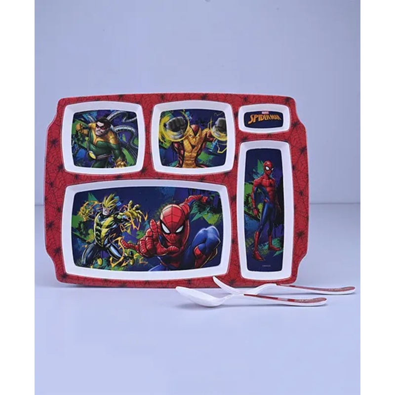 Servewell Spiderman Theme 5 Section Rectangular Plate with Fork & Spoon –  (Color and design may vary)