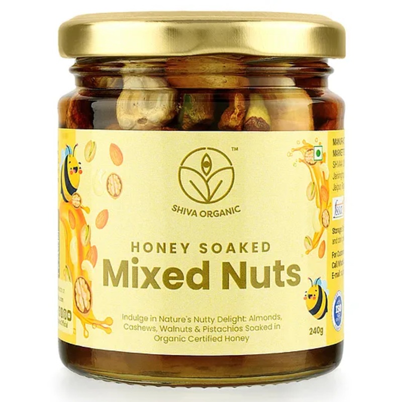 Shiva Organic Mixed Nuts in Honey (Almonds, Walnuts, Cashew, Pista) – Crunchy, Rich in Protein, Magnesium, Phosphorus, and Dietary Fibre | Energy Booster – 240 g