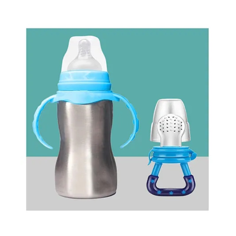 The Cheeky Kidzz Baby 2 in 1 Multi-functional Baby Stainless Steel Milk Juice Feeding Bottle Cum Sipper Bottle With Fruit Food Feeder Soother Teether Bpa Free (Blue) 240 ml