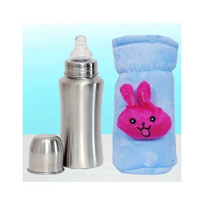 The Cheeky Kidzz Baby Stainless Steel 240ml Thermal Insulation Feeding Milk Liquids Feeder Bottle With Anti Colic Silicone Nipple BPA Free And Strechable New Born Bottle Cover (Blue)