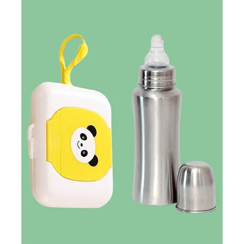 The Cheeky Kidzz Refillable Reusable Panda Print Baby Wet Wipes Storage Dispenser Box With Wipes And Stainless Steel 304 Grade Bottle 240ml With Silicone Anti-Colic Nipple (YELLOW)