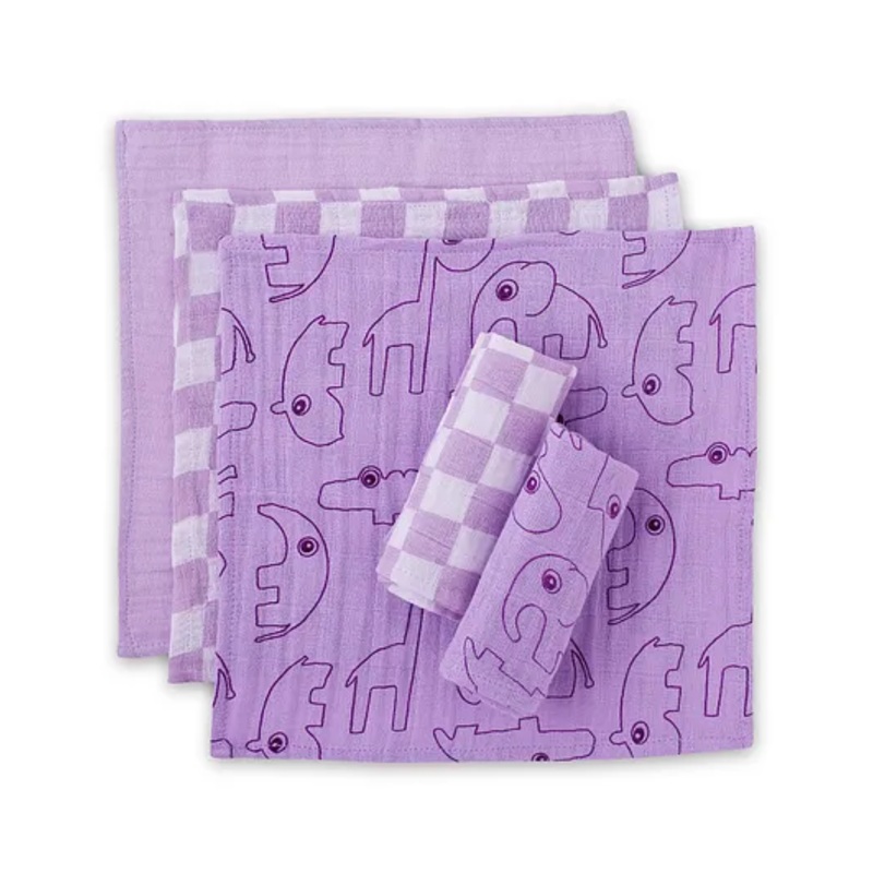 Theoni Organic Cotton Muslin Forest Friends Wipes Washcloths Pack of 5 – Purple