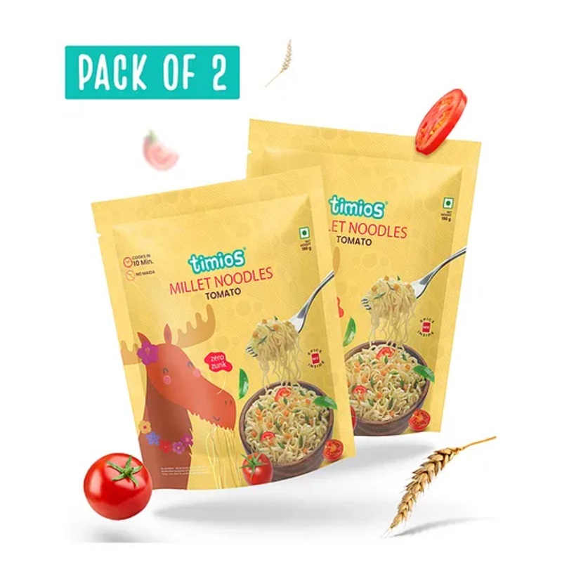 Timios No-Maida Millet Tomato Flavored Instant Noodles | Not Fried | No MSG | No Preservatives | No Artificial Colors & Flavors | No Trans Fat & Cholesterol | Vegetarian | Pack of 2 | 190 g