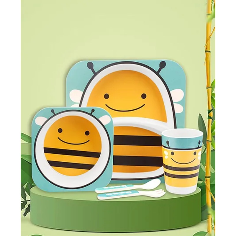 Tony Stark Bamboo Baby Feeding Set – 5-Piece Tableware for Toddlers, Kids & Babies Includes Plate, Bowl, Cup, Spoon, Fork – BPA-Free, Eco-Friendly |Organic & Natural (Honey Bee)