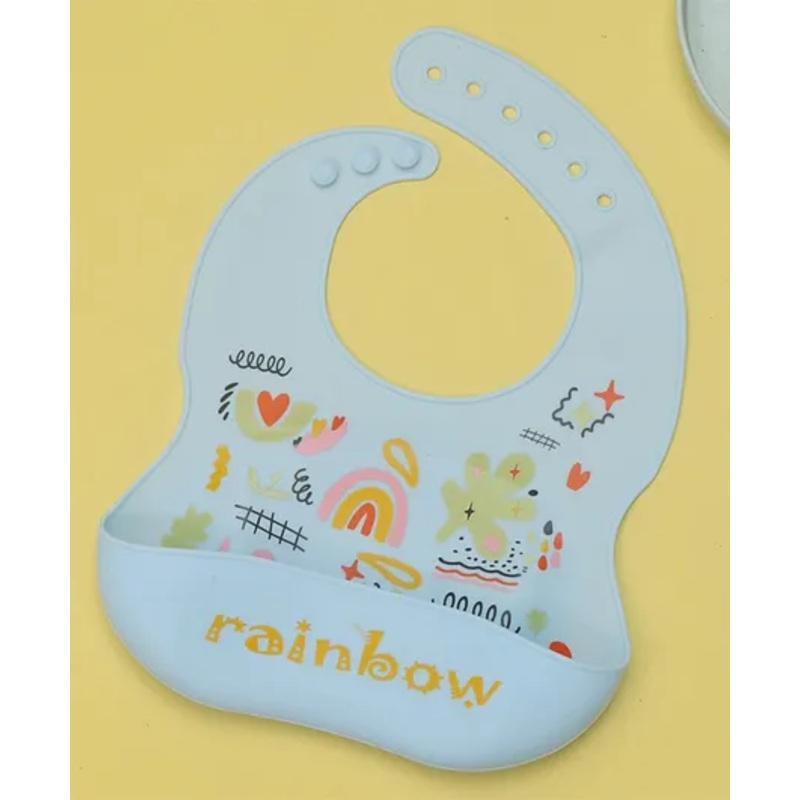 Yellow Bee Rainbow Print Bib with Crumb Catcher and Adjustable Closure  Blue
