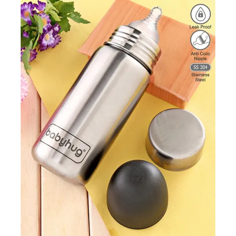Babyhug Sterilizable Stainless Steel Baby Feeding Bottle – 350 ml | BPA Free | Wide Neck | Infants, Newborns & Toddlers | Anti Colic | Leak Resistant |