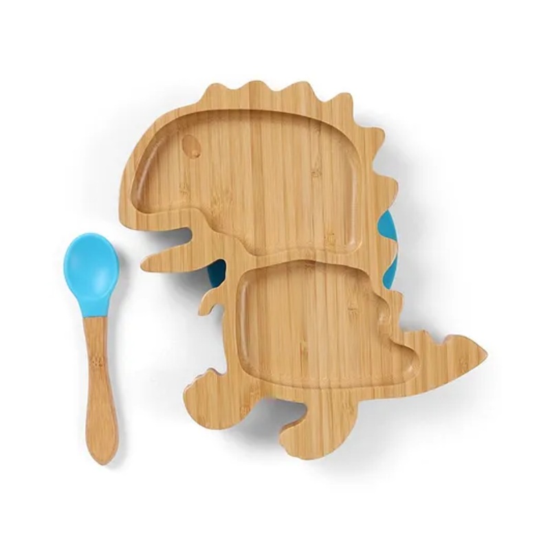 Dragon Shaped Bamboo Wooden 2 Compartment Section Plate with Spoon Suction Base – Beige & Blue