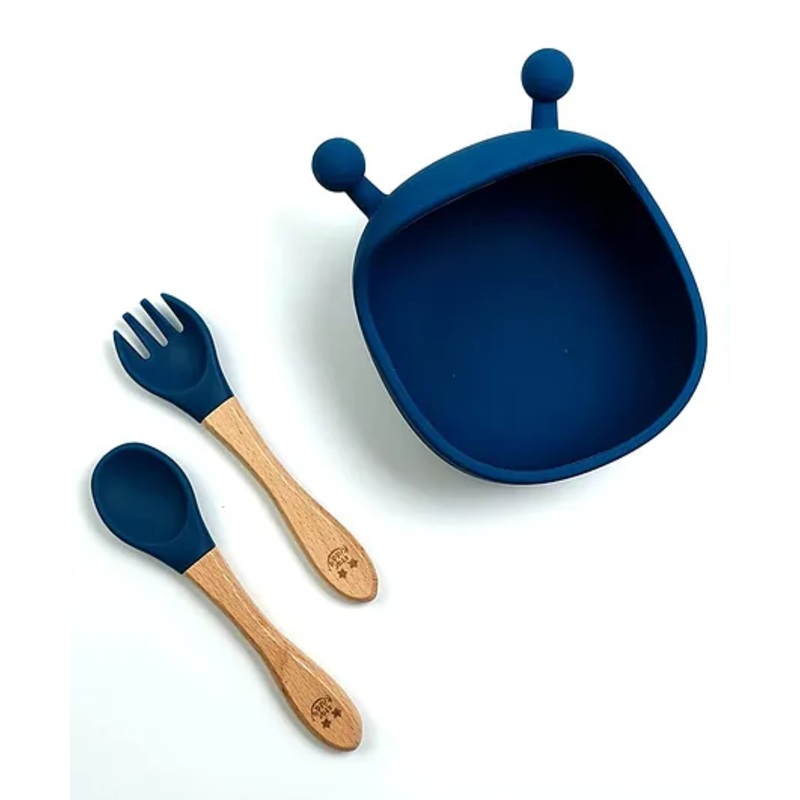 StarKiddo Cute Star Buddy Premium Food Grade Soft Silicone Baby Bowl with Suction Soft Silicone Trainer Spoon and Trainer Fork – Blue