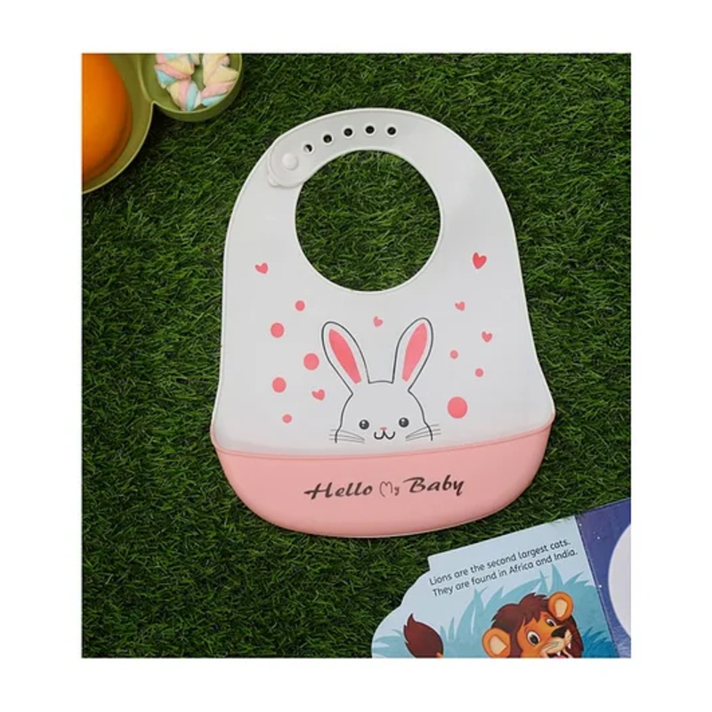 Yellow Bee Silicone Bunny Print Bib with Crumb Catcher and Adjustable Closure for Girls – White and Pink