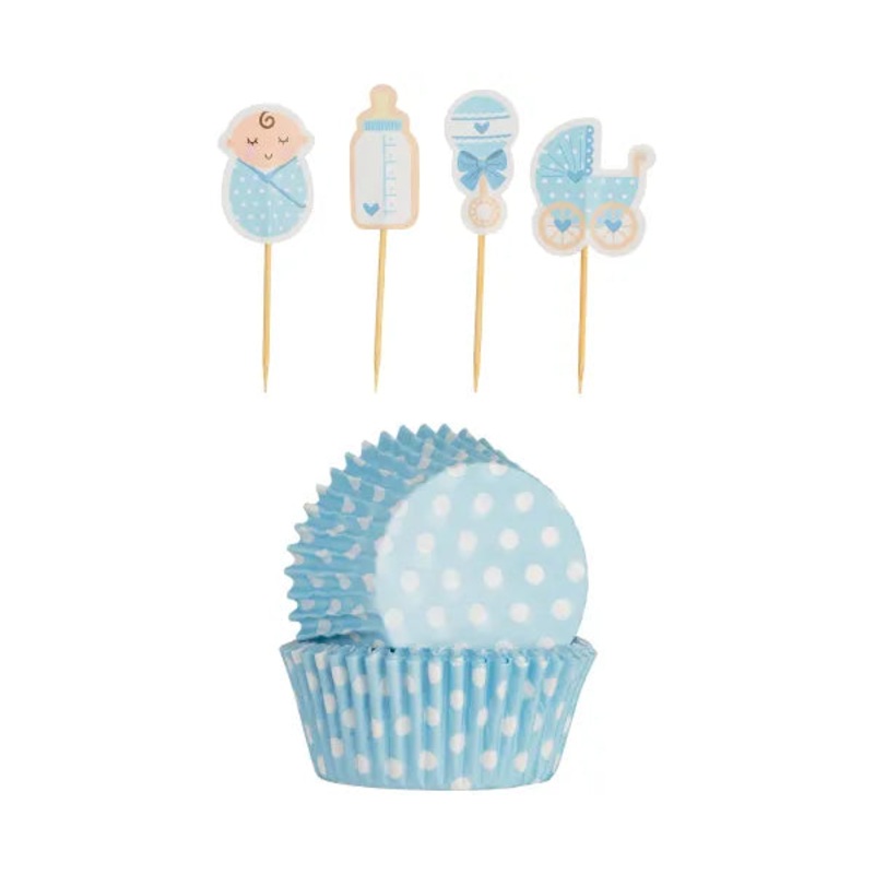48 Vintage Baby Boy Cupcake Case & Toppers