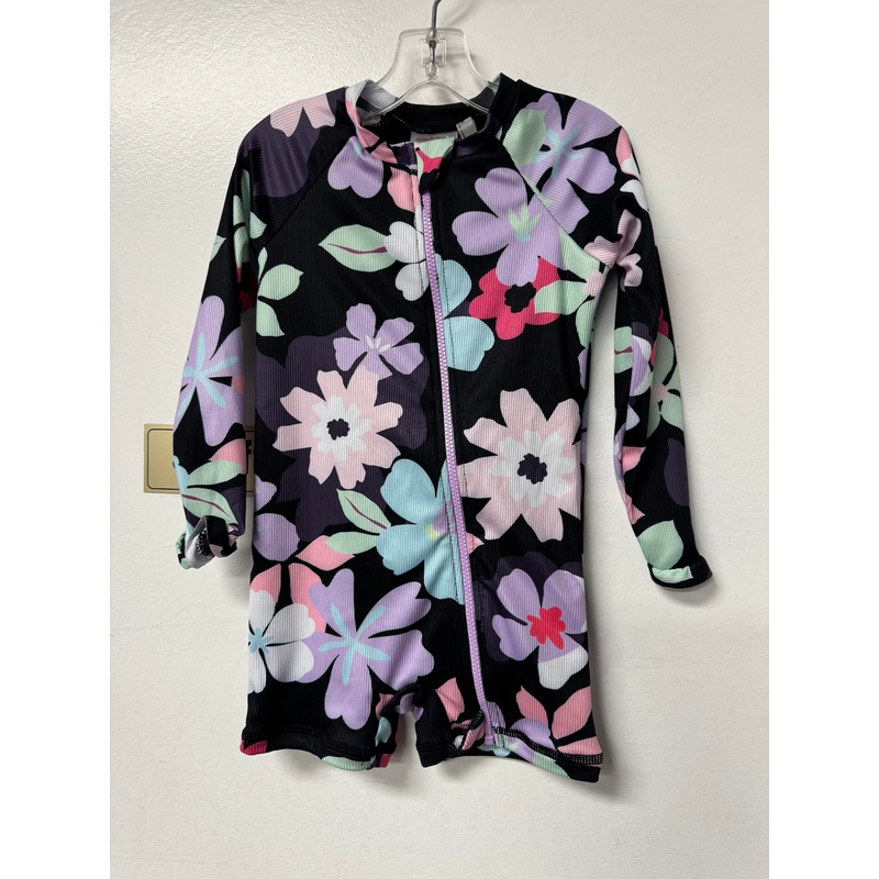 Mandarin & Co 1pc Rashguard Ruffle butt rib UV50 Swimwear Black Retro Flowers BABY