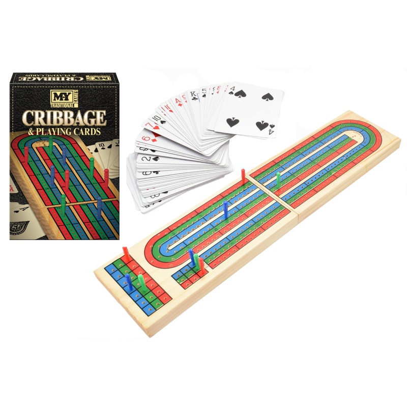 WOODEN CRIBBAGE BOARD & CARDS
