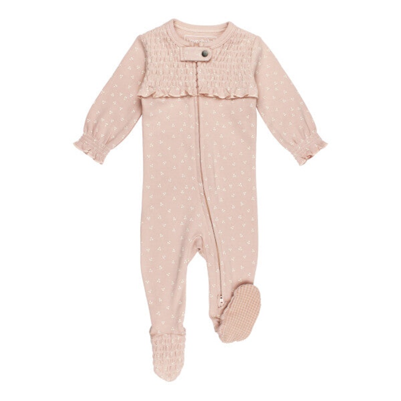 L’oved Baby Smocked Zipper Footie Rosewater Dots