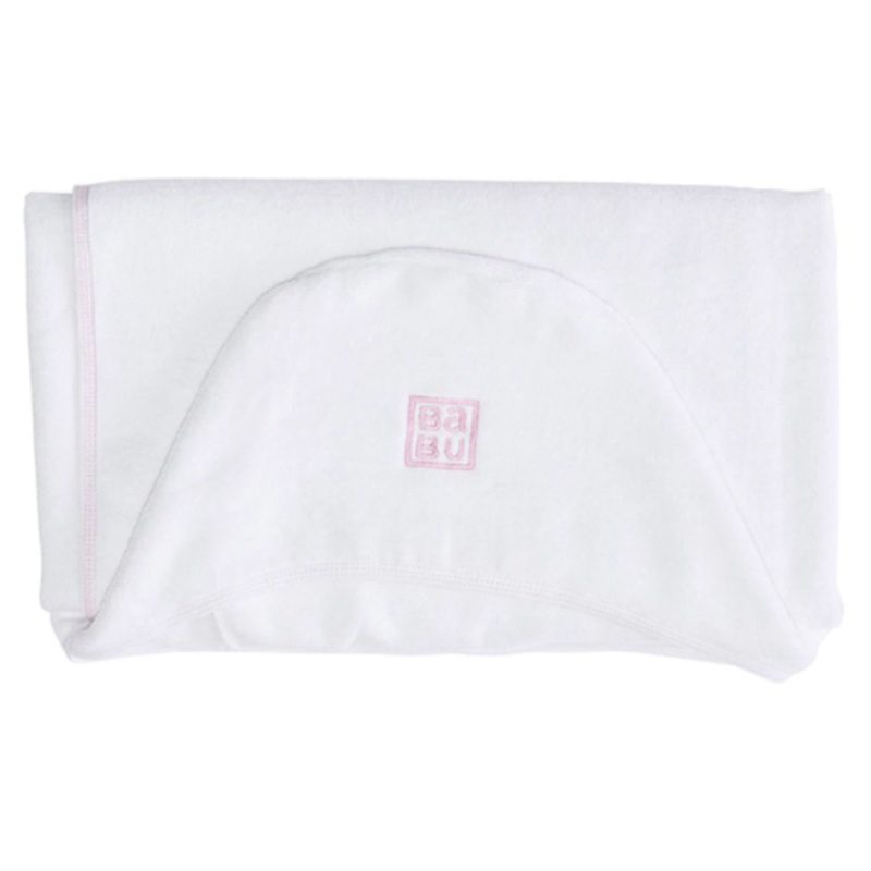 Babu | 100% Organic Cotton Terry Hooded Toddler Towel  White Pink Trim
